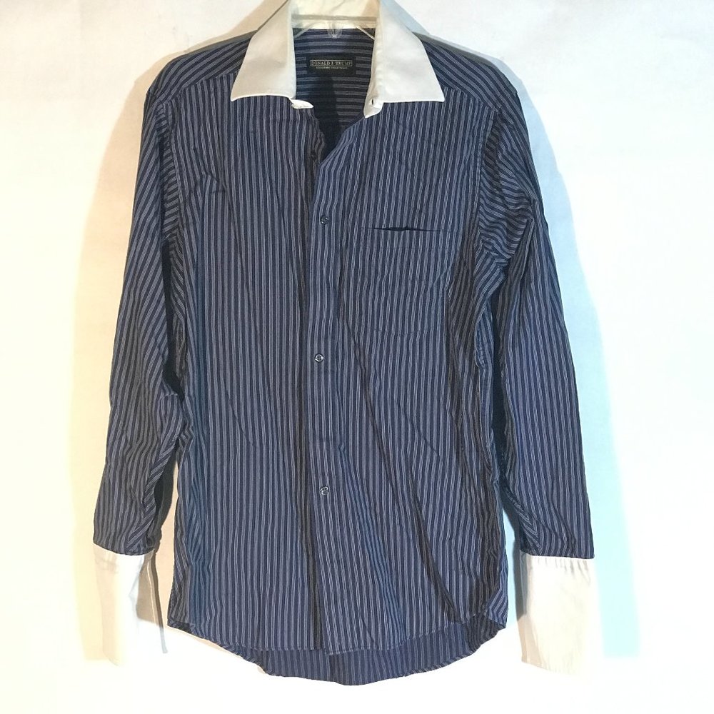 Donald J Trump Button Up Blue White Long Sleeve Pinstripe Dress Shirt